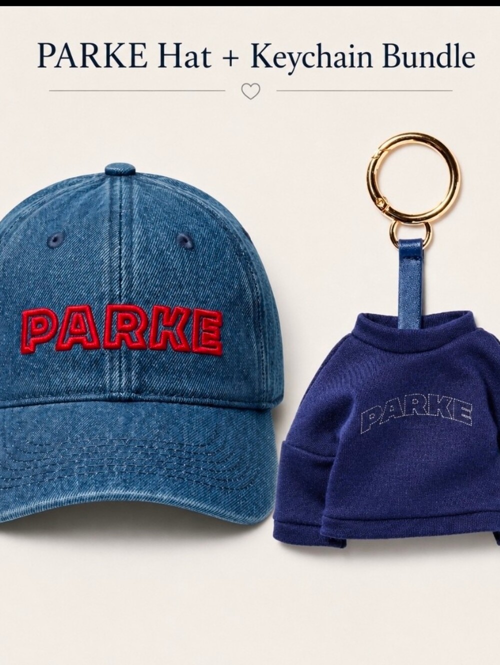 NWT Parke Denim Logo Baseball Cap + Mini Sweatshirt Keychain Bundle